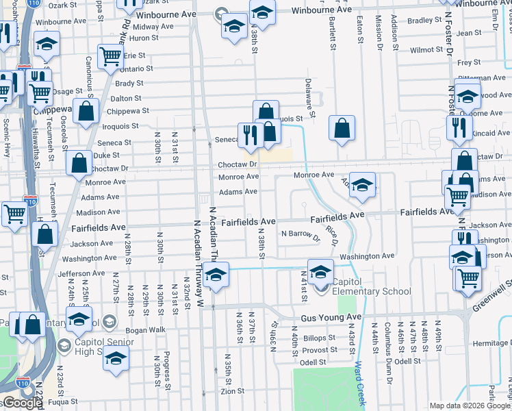 map of restaurants, bars, coffee shops, grocery stores, and more near 2144 North 38th Street in Baton Rouge
