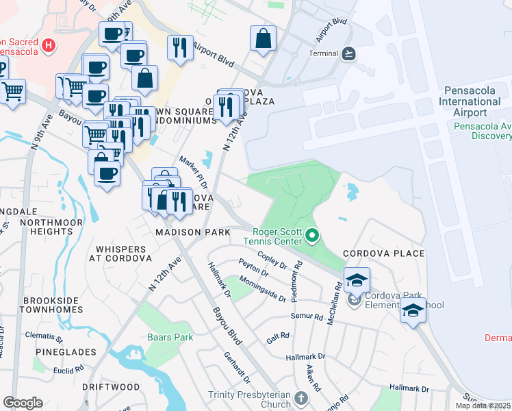 map of restaurants, bars, coffee shops, grocery stores, and more near 1900 Summit Boulevard in Pensacola