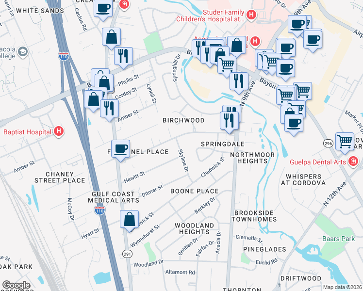 map of restaurants, bars, coffee shops, grocery stores, and more near 4780 Skyline Drive in Pensacola