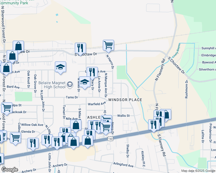map of restaurants, bars, coffee shops, grocery stores, and more near 1638 North Marque Ann Drive in Baton Rouge