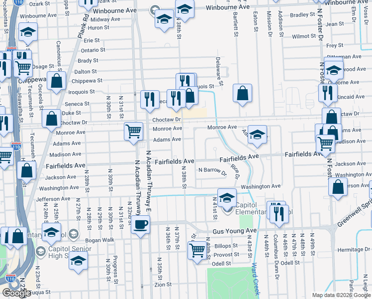 map of restaurants, bars, coffee shops, grocery stores, and more near 2144 North 38th Street in Baton Rouge