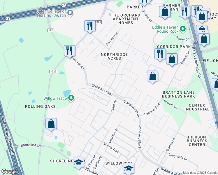 map of restaurants, bars, coffee shops, grocery stores, and more near 16014 Travesia Way in Austin
