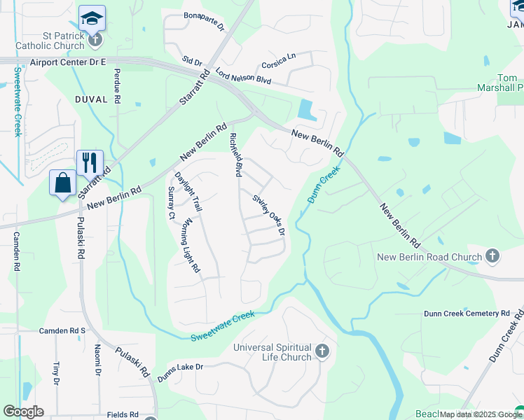 map of restaurants, bars, coffee shops, grocery stores, and more near 1365 Grey Feather Lane in Jacksonville