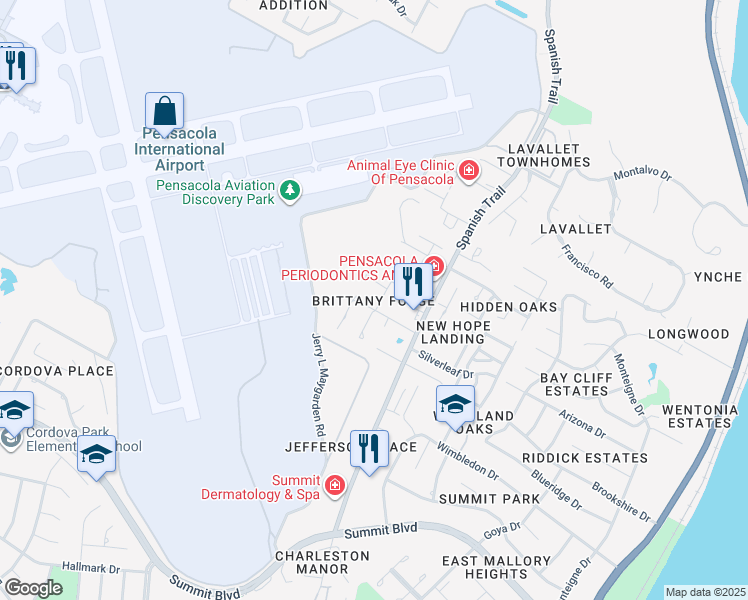 map of restaurants, bars, coffee shops, grocery stores, and more near 3106 Brittany Place in Pensacola
