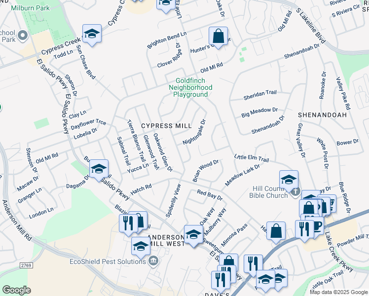 map of restaurants, bars, coffee shops, grocery stores, and more near 2803 Bluejay Drive in Cedar Park