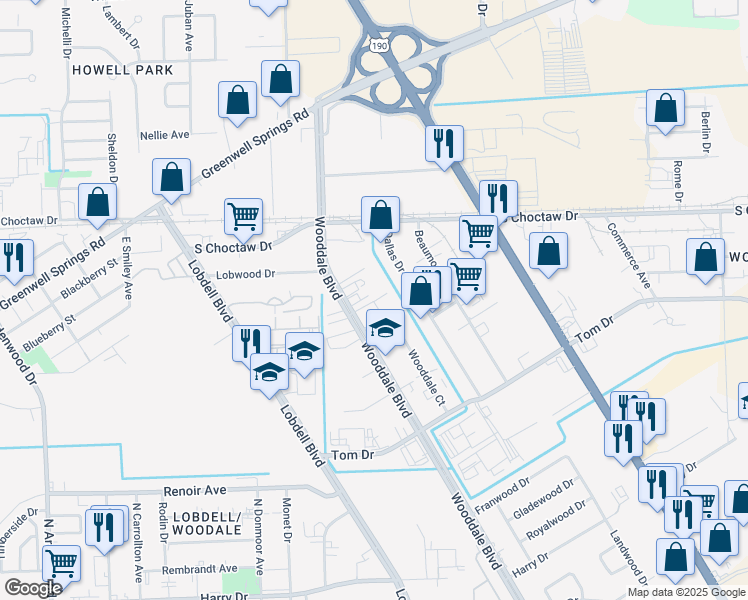 map of restaurants, bars, coffee shops, grocery stores, and more near 1992 Wooddale Court in Baton Rouge
