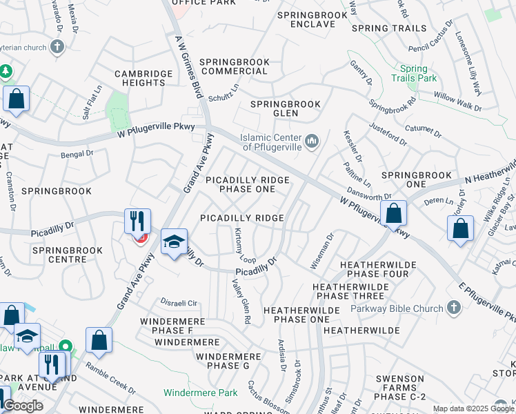 map of restaurants, bars, coffee shops, grocery stores, and more near 17423 Rannoch Drive in Pflugerville