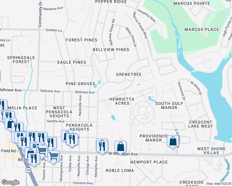 map of restaurants, bars, coffee shops, grocery stores, and more near 2383 Windstone Drive in Pensacola
