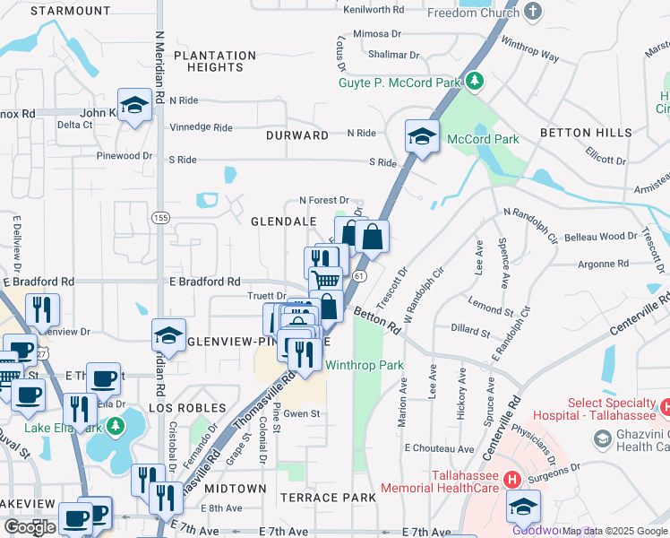 map of restaurants, bars, coffee shops, grocery stores, and more near 831 Laurel Street in Tallahassee
