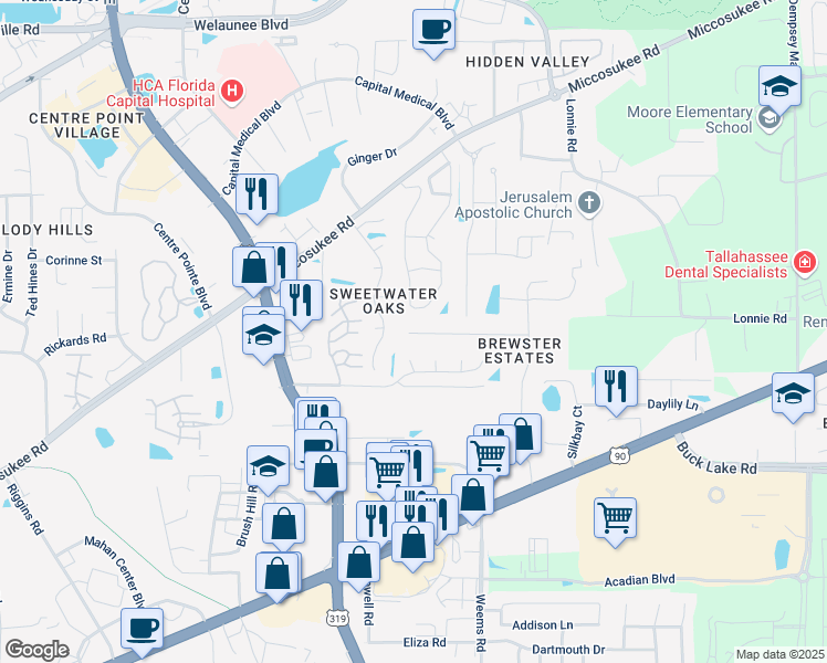 map of restaurants, bars, coffee shops, grocery stores, and more near 2556a Panther Creek Road in Tallahassee