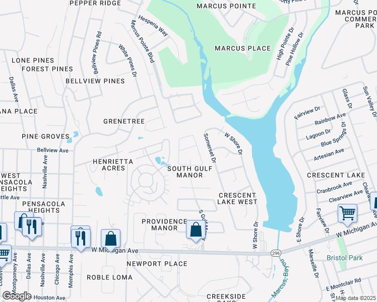 map of restaurants, bars, coffee shops, grocery stores, and more near 2681 Tinosa Lane in Pensacola