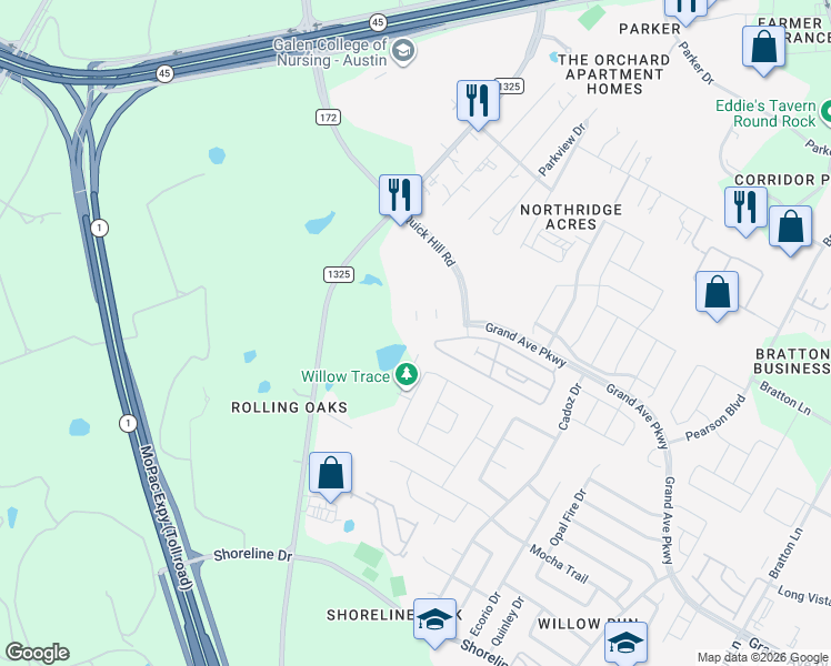 map of restaurants, bars, coffee shops, grocery stores, and more near 4301 Grand Avenue Parkway in Austin