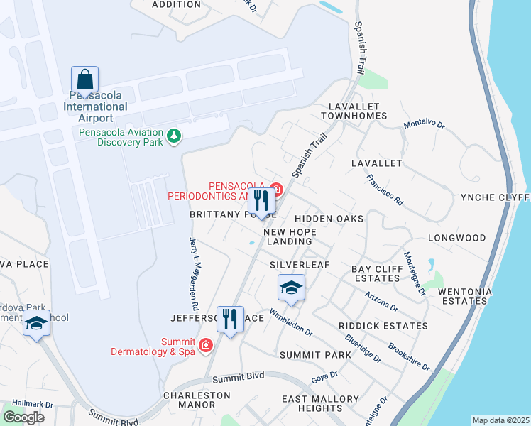 map of restaurants, bars, coffee shops, grocery stores, and more near 4313 Spanish Trail in Pensacola