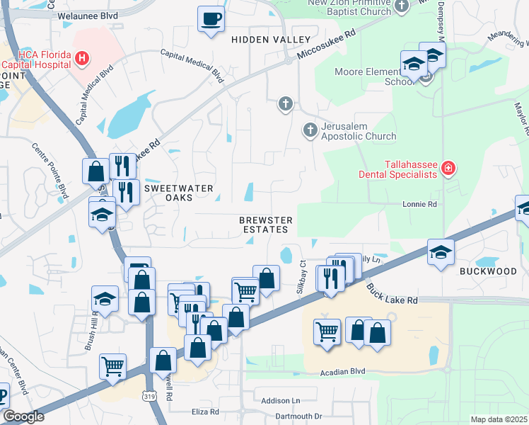 map of restaurants, bars, coffee shops, grocery stores, and more near 4243a Brewster Road in Tallahassee