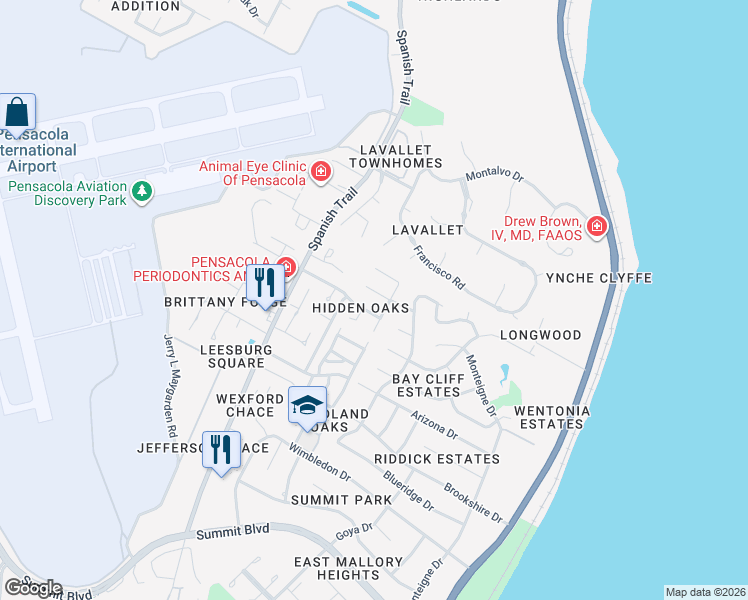 map of restaurants, bars, coffee shops, grocery stores, and more near 3361 Tompkins Street in Pensacola