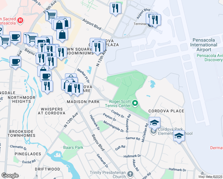 map of restaurants, bars, coffee shops, grocery stores, and more near 1900 Summit Blvd in Pensacola