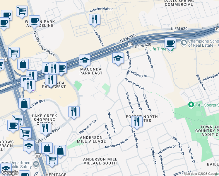 map of restaurants, bars, coffee shops, grocery stores, and more near 9020 Parliament House Road in Austin