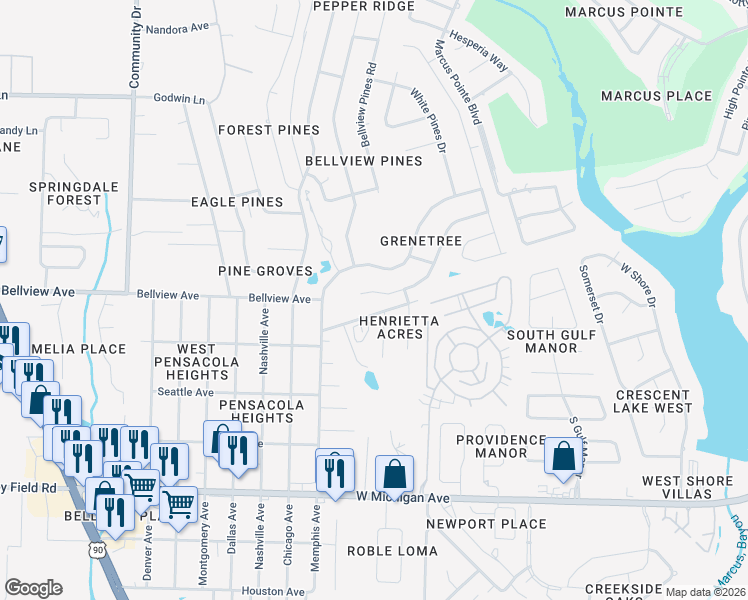 map of restaurants, bars, coffee shops, grocery stores, and more near 2383 Windstone Drive in Pensacola