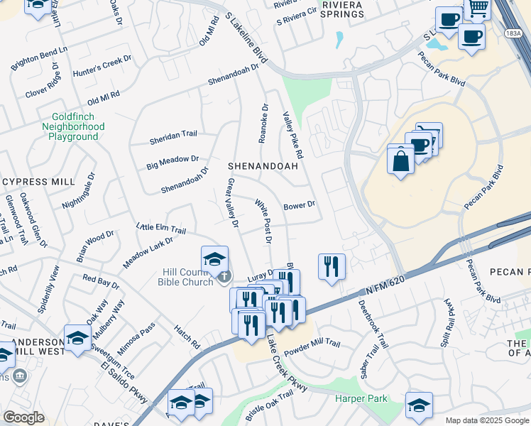 map of restaurants, bars, coffee shops, grocery stores, and more near 3206 White Post Drive in Cedar Park