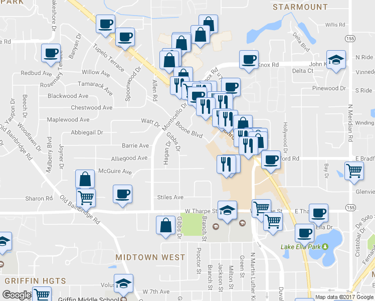 map of restaurants, bars, coffee shops, grocery stores, and more near 638 Muriel Court in Tallahassee