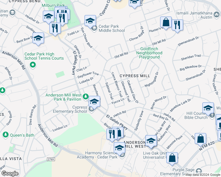 map of restaurants, bars, coffee shops, grocery stores, and more near 2705 Sabinal Trail in Cedar Park