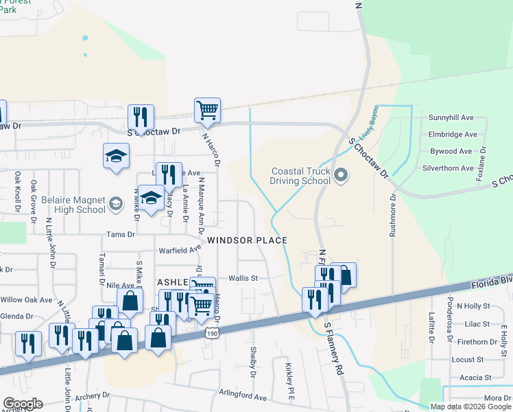 map of restaurants, bars, coffee shops, grocery stores, and more near 1634 Windsor Drive in Baton Rouge