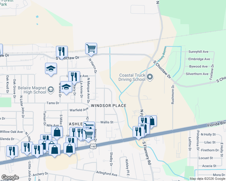 map of restaurants, bars, coffee shops, grocery stores, and more near 1634 Windsor Drive in Baton Rouge