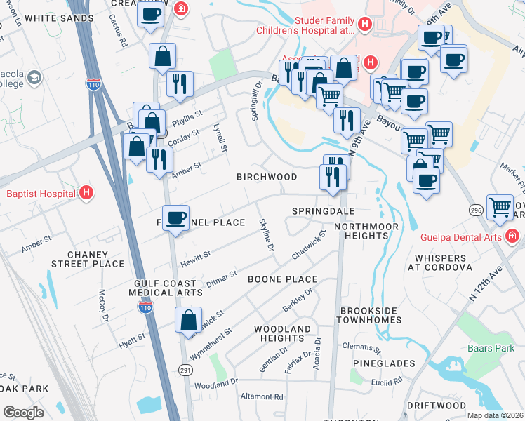 map of restaurants, bars, coffee shops, grocery stores, and more near 4780 Skyline Drive in Pensacola