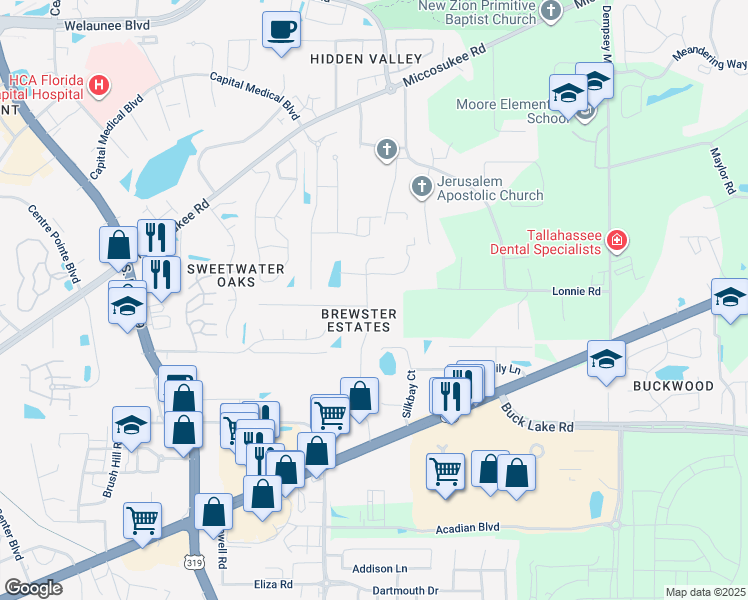 map of restaurants, bars, coffee shops, grocery stores, and more near 4243a Brewster Road in Tallahassee