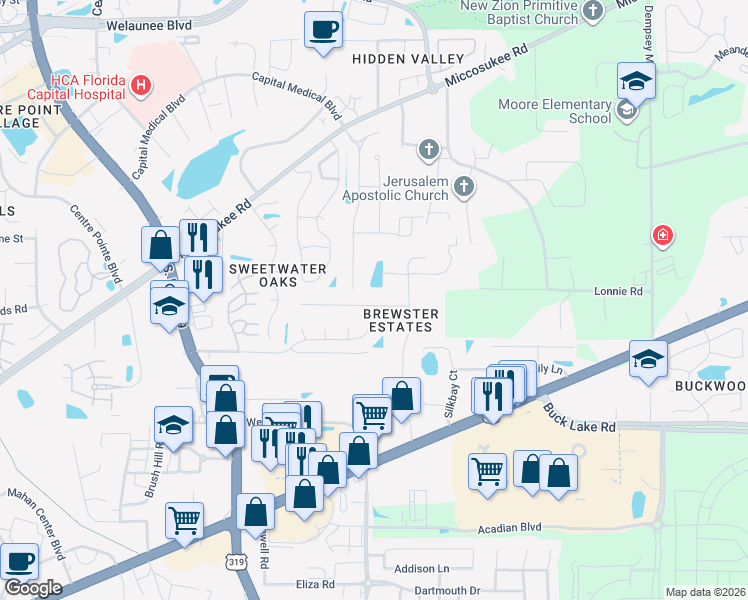 map of restaurants, bars, coffee shops, grocery stores, and more near 2597 Panther Creek Road in Tallahassee