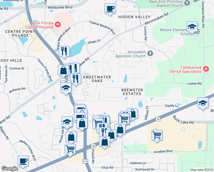 map of restaurants, bars, coffee shops, grocery stores, and more near 2556a Panther Creek Road in Tallahassee