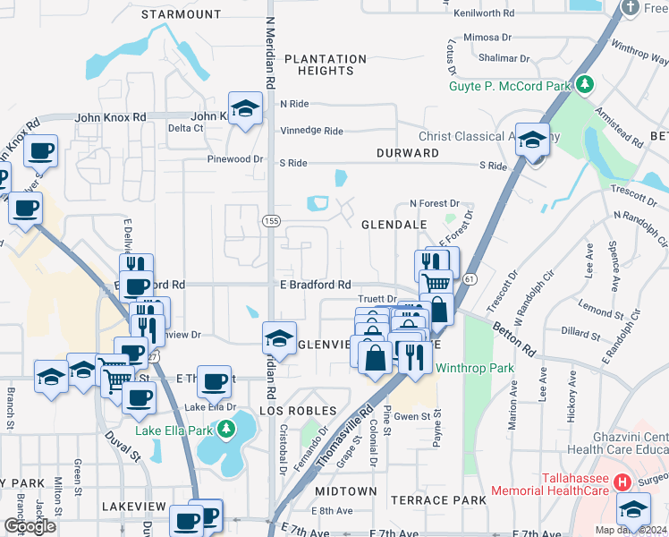 map of restaurants, bars, coffee shops, grocery stores, and more near 16 East Bradford Road in Tallahassee