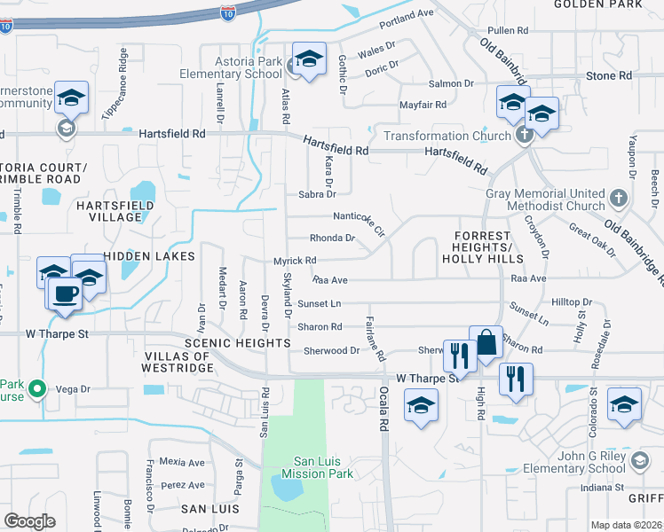 map of restaurants, bars, coffee shops, grocery stores, and more near 1912 Raa Avenue in Tallahassee