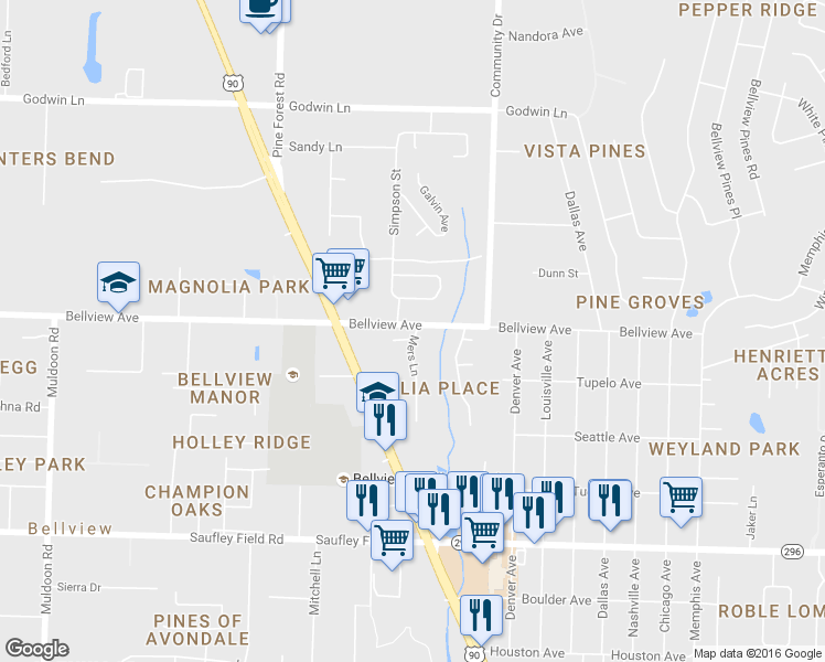 map of restaurants, bars, coffee shops, grocery stores, and more near 6392 Mers Lane in Pensacola