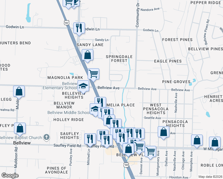 map of restaurants, bars, coffee shops, grocery stores, and more near 6392 Mers Lane in Pensacola