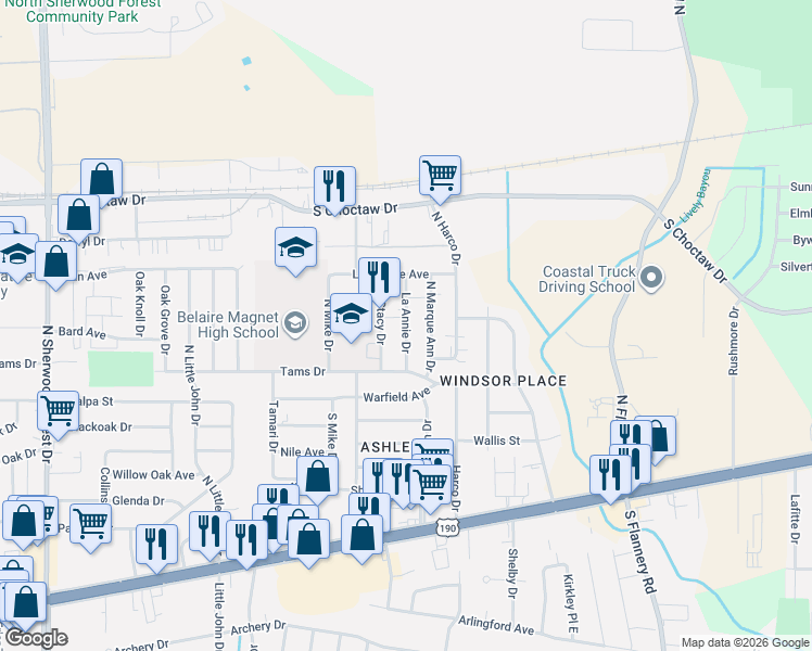 map of restaurants, bars, coffee shops, grocery stores, and more near 1637 La Annie Drive in Baton Rouge