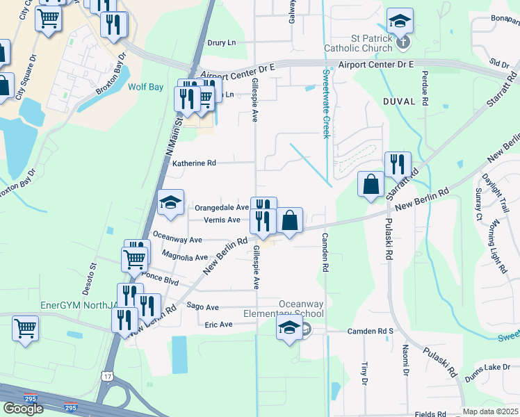 map of restaurants, bars, coffee shops, grocery stores, and more near 12747 Gillespie Avenue in Jacksonville
