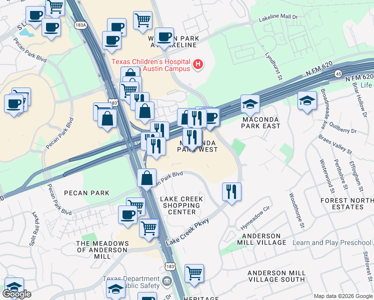 map of restaurants, bars, coffee shops, grocery stores, and more near 13201 Ranch Road 620 North in Austin
