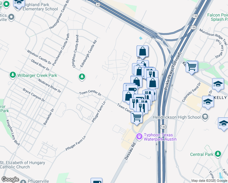 map of restaurants, bars, coffee shops, grocery stores, and more near 18612 Pfluger Farm Lane in Pflugerville