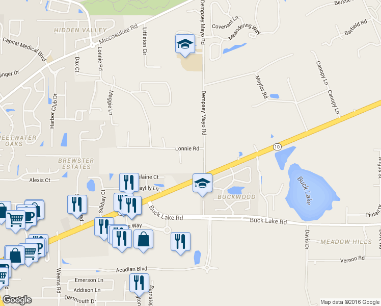 map of restaurants, bars, coffee shops, grocery stores, and more near 1120 Lonnie Road in Tallahassee