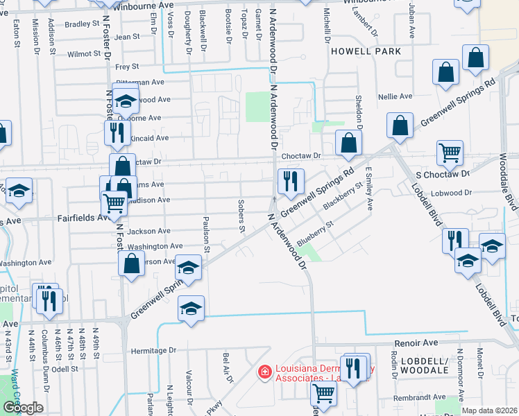 map of restaurants, bars, coffee shops, grocery stores, and more near in Baton Rouge