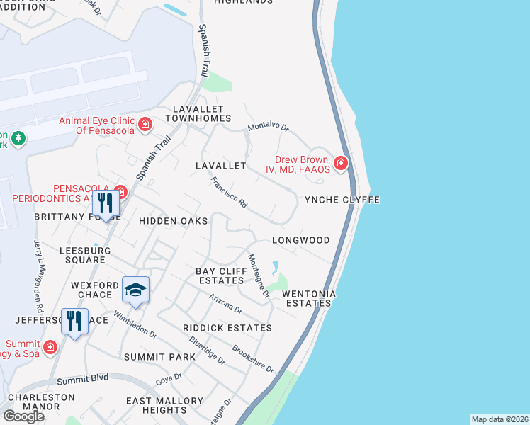 map of restaurants, bars, coffee shops, grocery stores, and more near 4660 Francisco Road in Pensacola