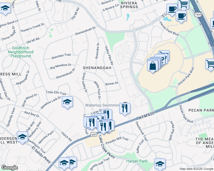 map of restaurants, bars, coffee shops, grocery stores, and more near 1700 Bower Drive in Cedar Park