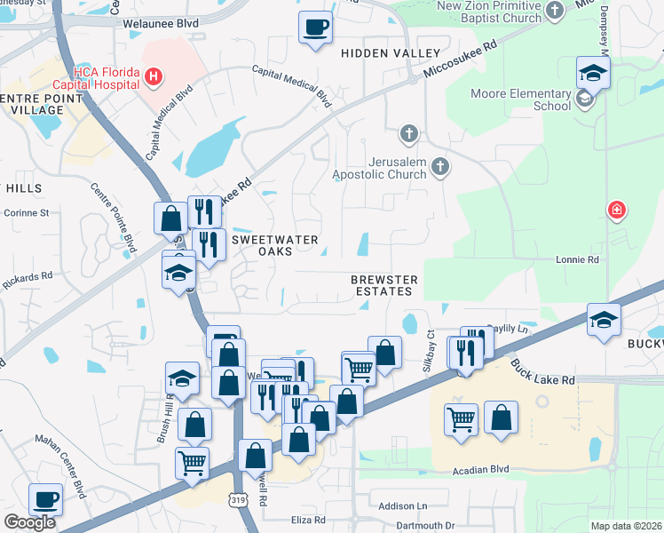 map of restaurants, bars, coffee shops, grocery stores, and more near 2576 Panther Creek Road in Tallahassee
