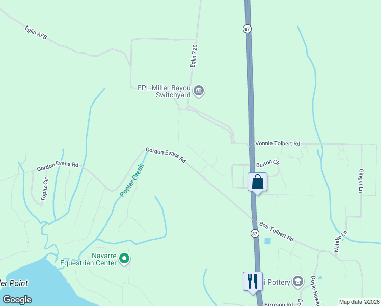 map of restaurants, bars, coffee shops, grocery stores, and more near 7308 Gordon Evans Road in Navarre