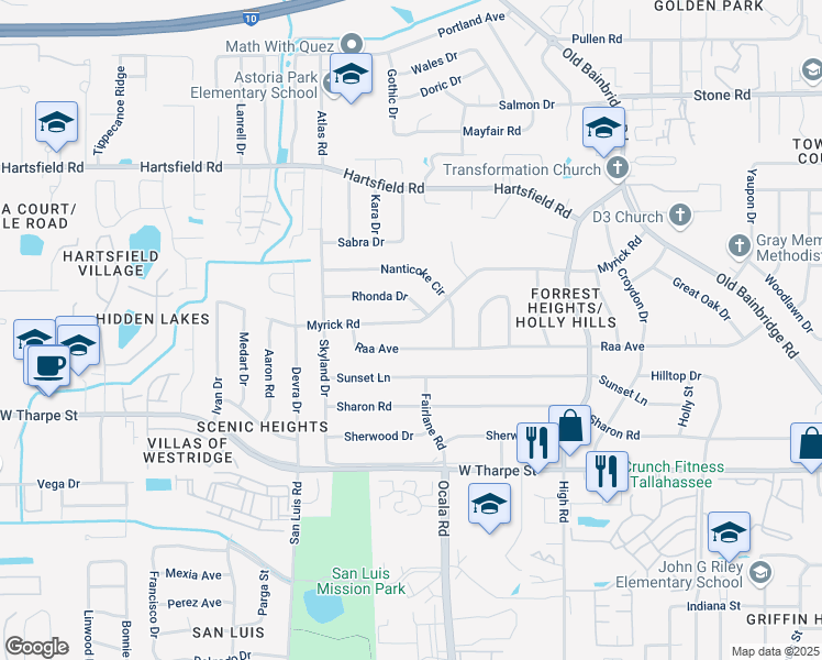 map of restaurants, bars, coffee shops, grocery stores, and more near 1904 Raa Avenue in Tallahassee