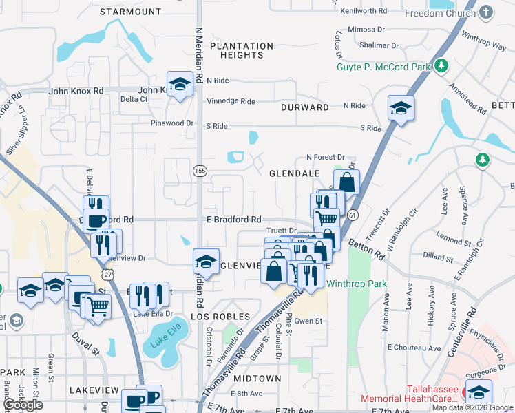 map of restaurants, bars, coffee shops, grocery stores, and more near 2005 Bradford Court in Tallahassee