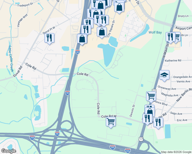 map of restaurants, bars, coffee shops, grocery stores, and more near 961 Cole Road in Jacksonville