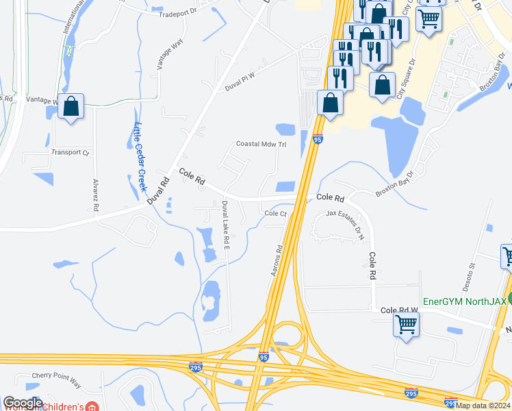 map of restaurants, bars, coffee shops, grocery stores, and more near 1210 Cole Road in Jacksonville