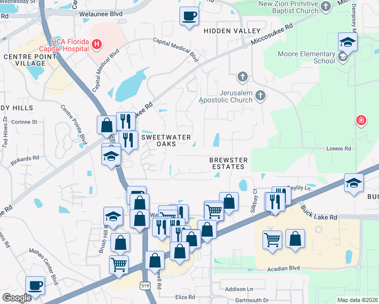 map of restaurants, bars, coffee shops, grocery stores, and more near 2576 Panther Creek Road in Tallahassee